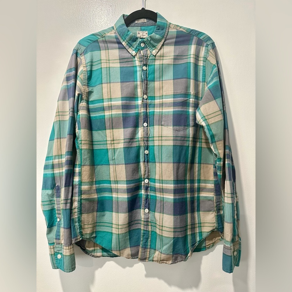 J. Crew Mens Quality Woven Shirts Cotton Green Blue Plaid Button Down Size M